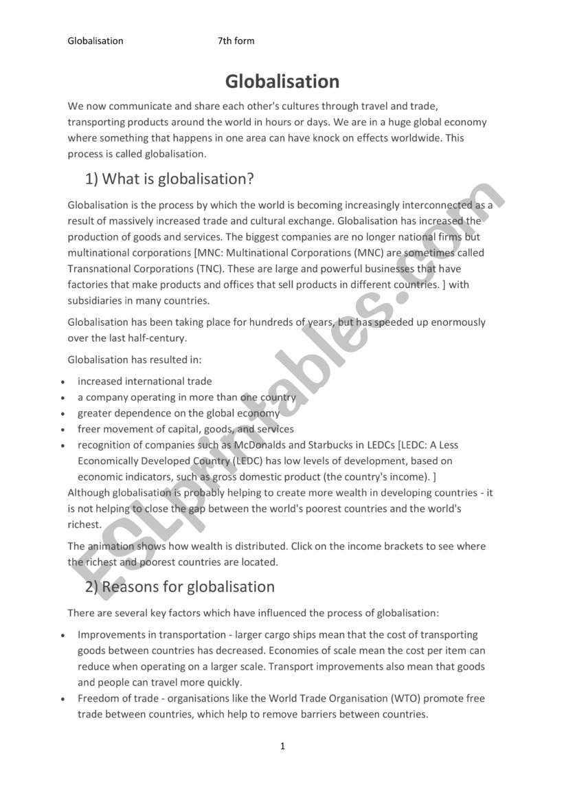 Globalsation worksheet