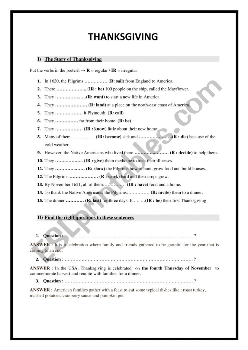 THANKSGIVING STORY WORKSHEET worksheet