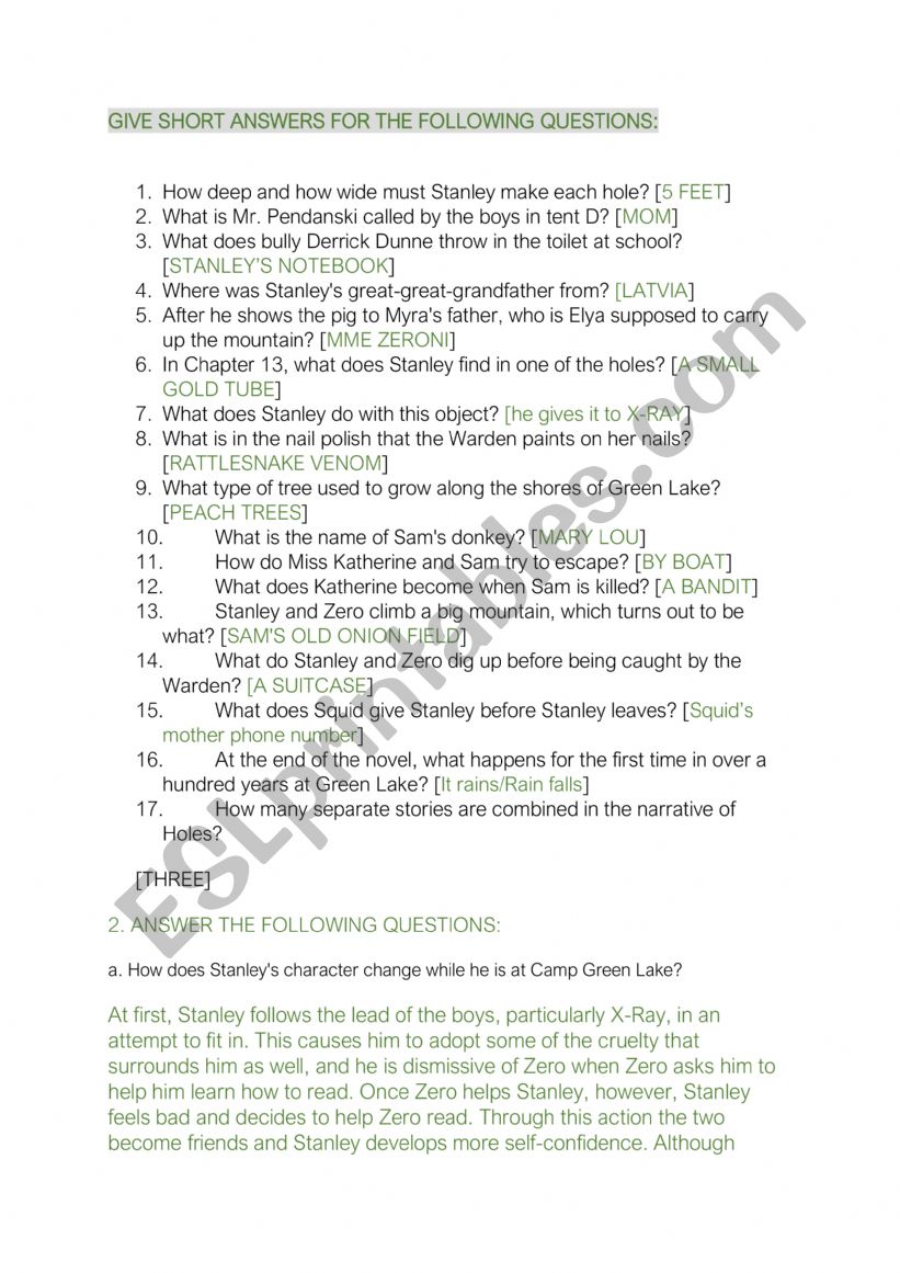 TEST HOLES with answers worksheet