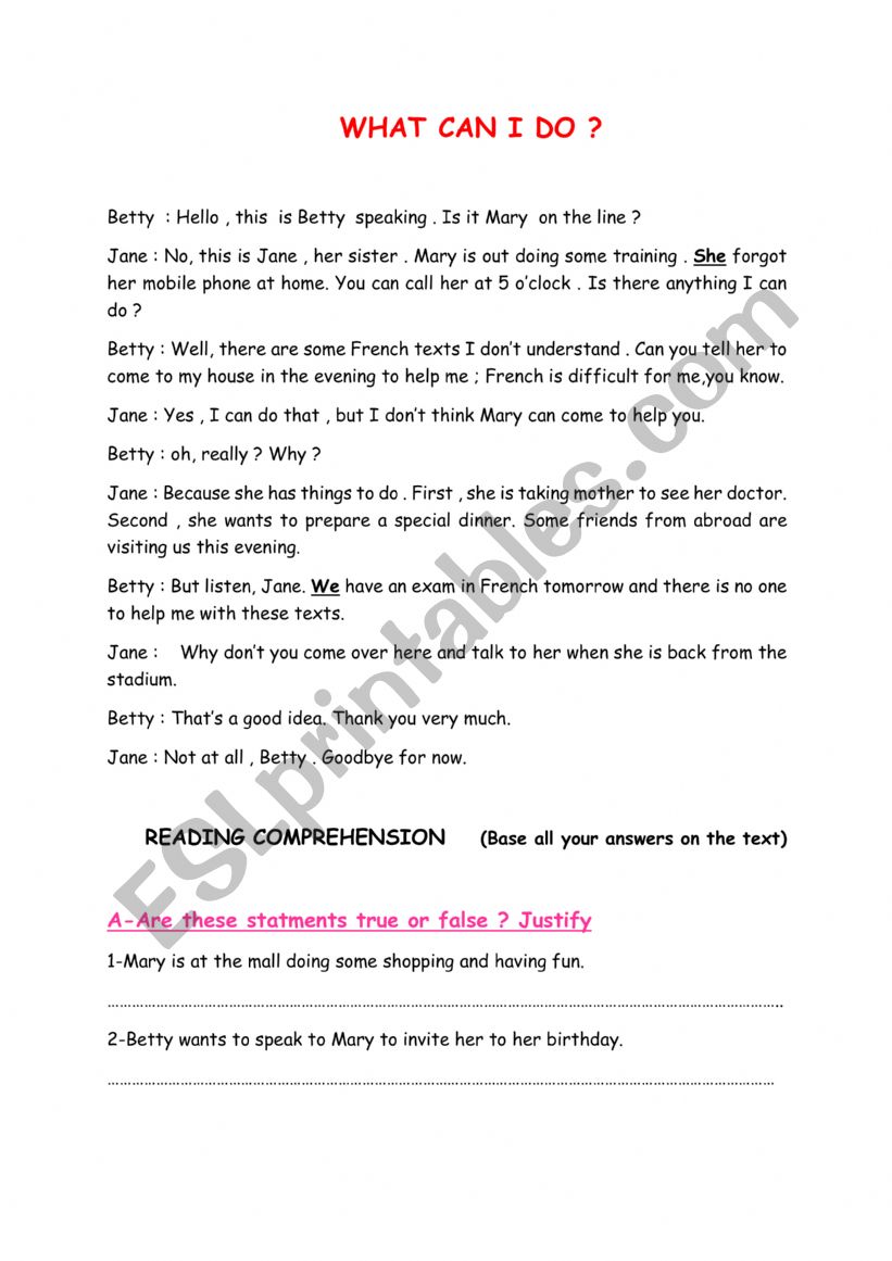 Reading comprehension worksheet