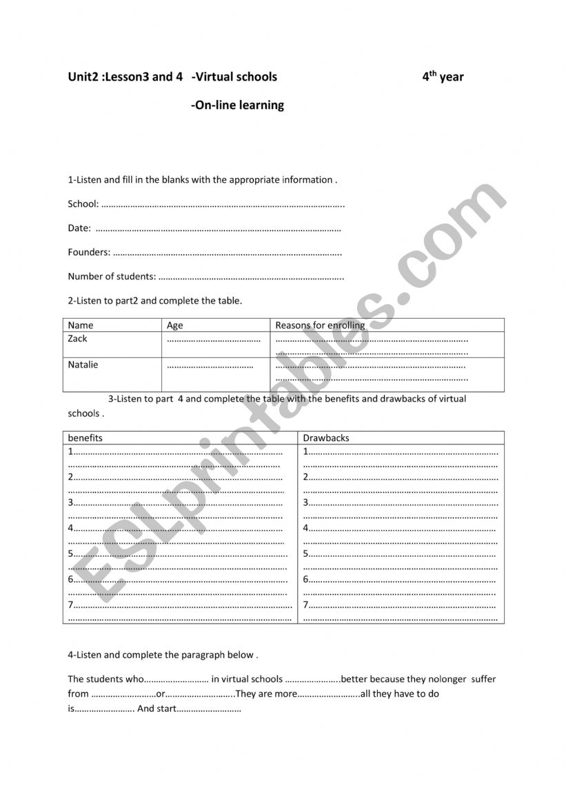 online virtual school worksheet