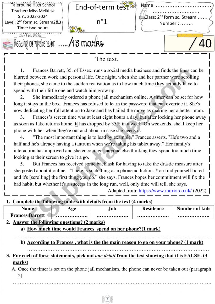 2nd form End of term test n1 worksheet