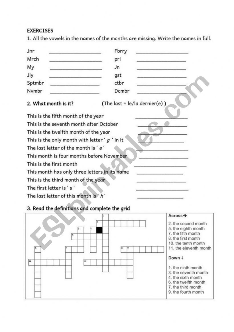 Months worksheet