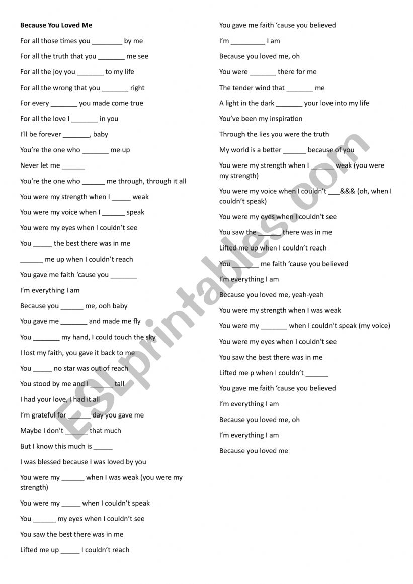 Song fill in the gaps - ESL worksheet by imara1234