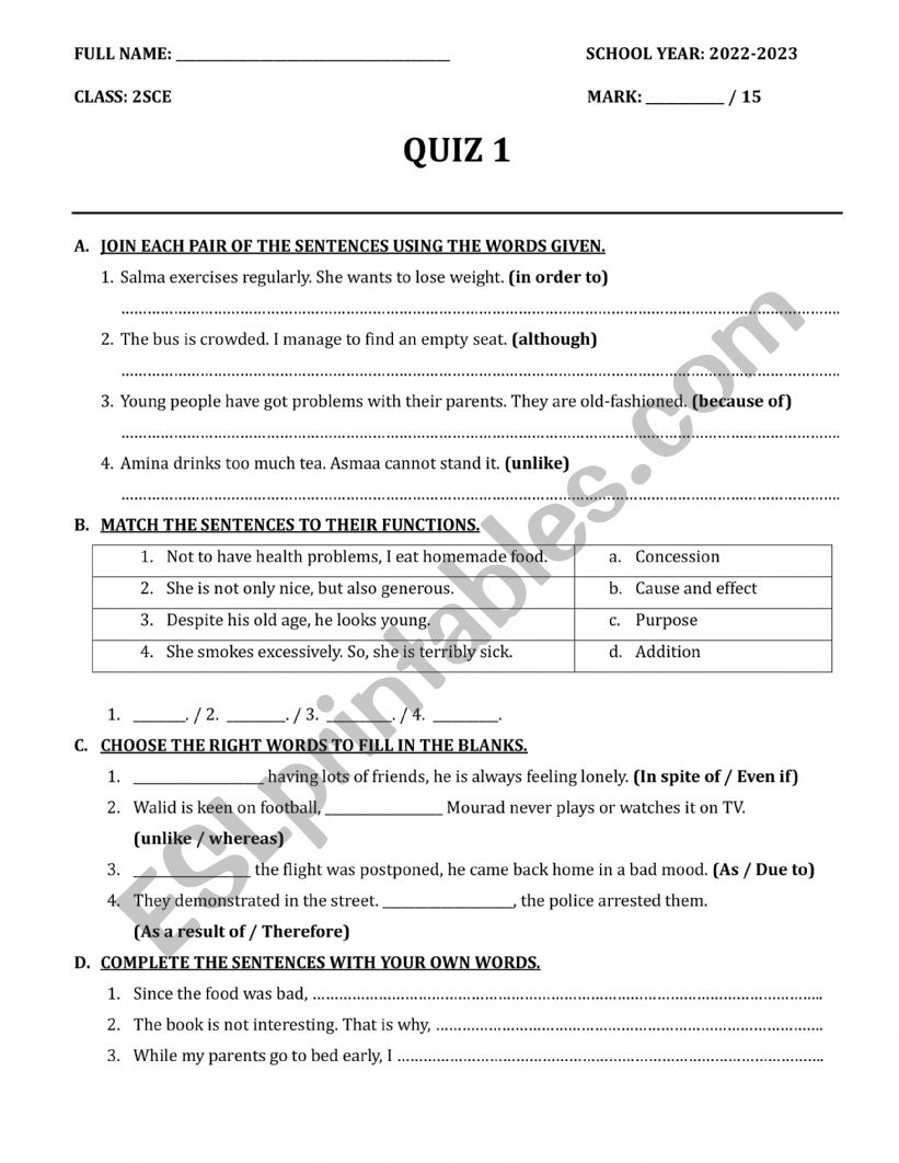 QUIZ ON LINKING WORDS worksheet