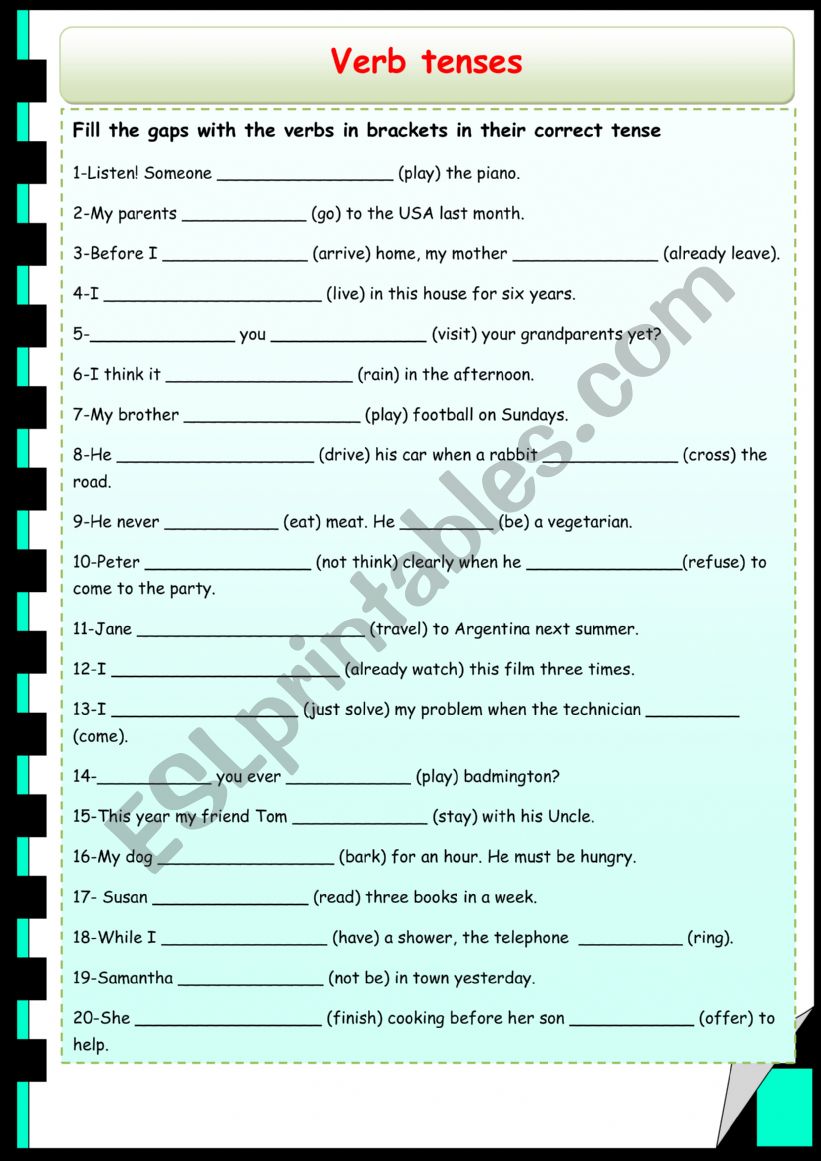 Verb tenses worksheet