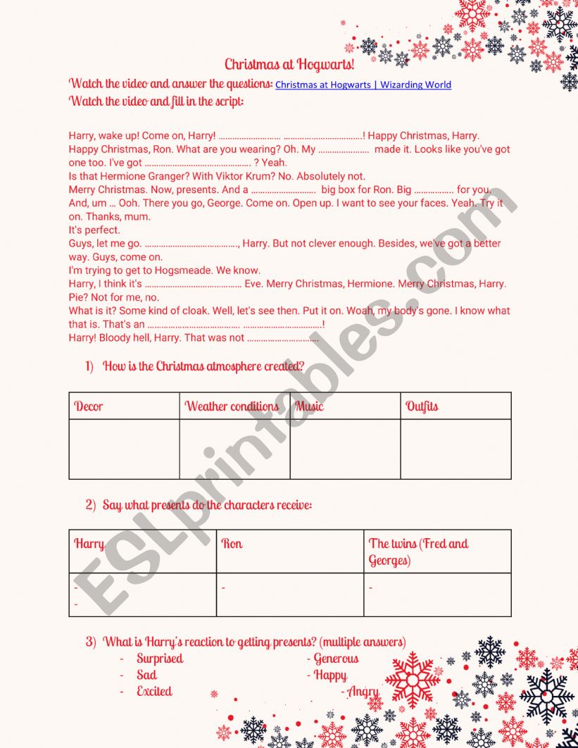 Christmas at Hogwarts worksheet