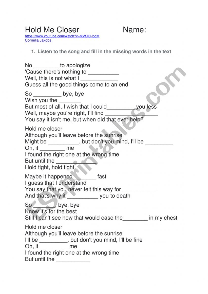 Hold me closer word-gap worksheet
