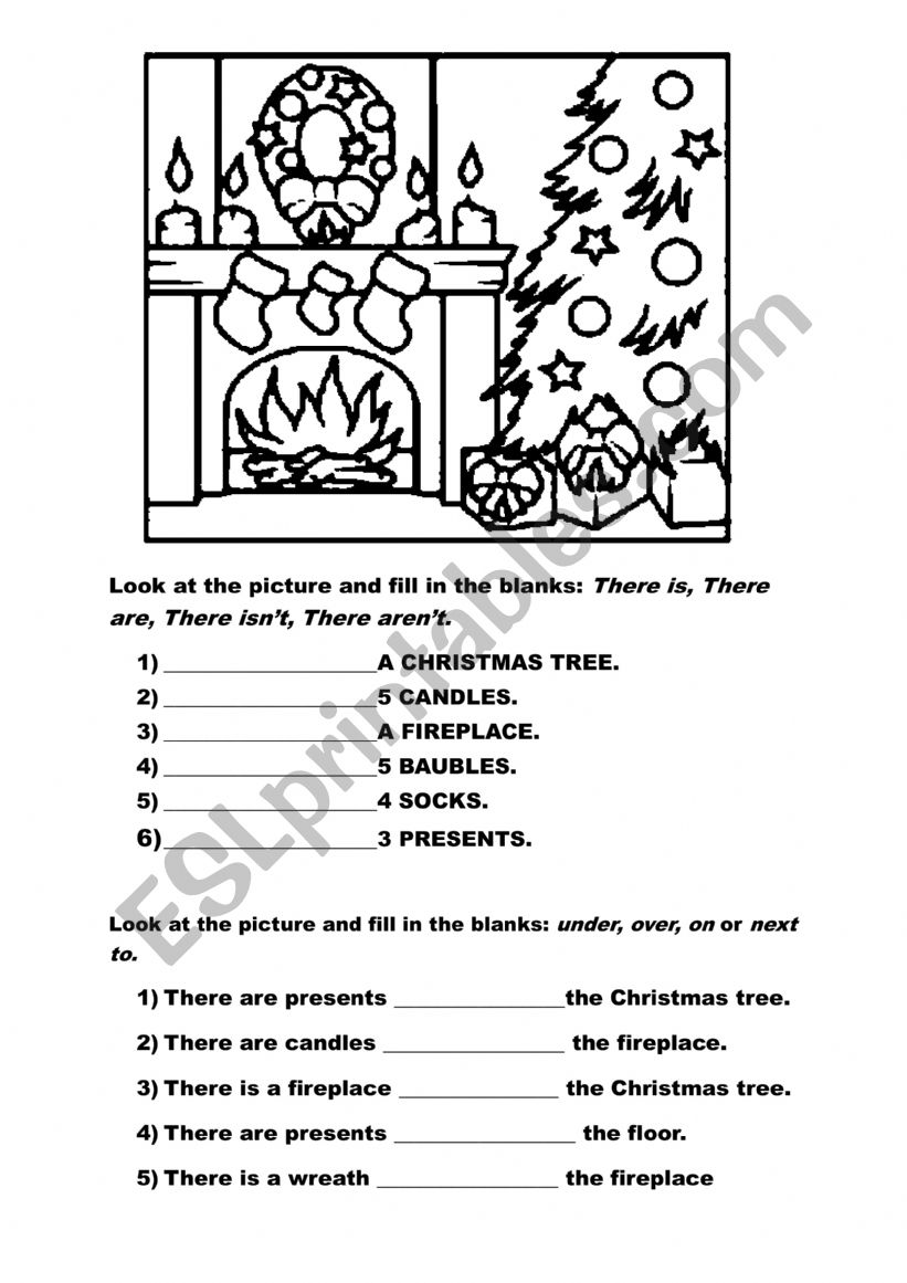 Christmas There is There are Prepositions of place worksheet