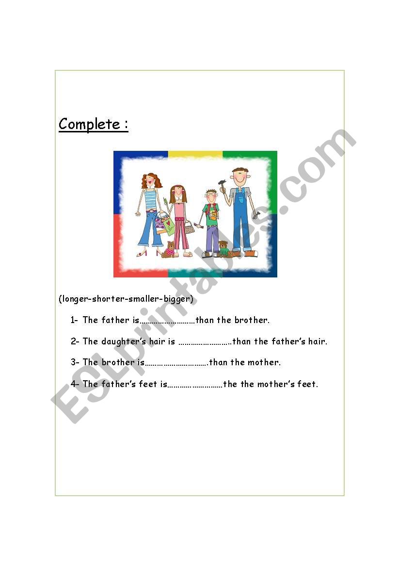 compare between one family worksheet
