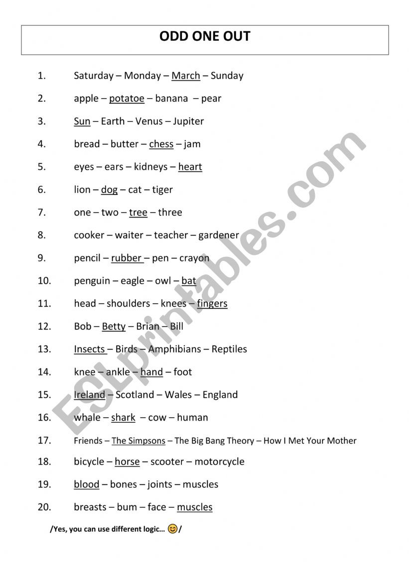 Odd-one-out worksheet