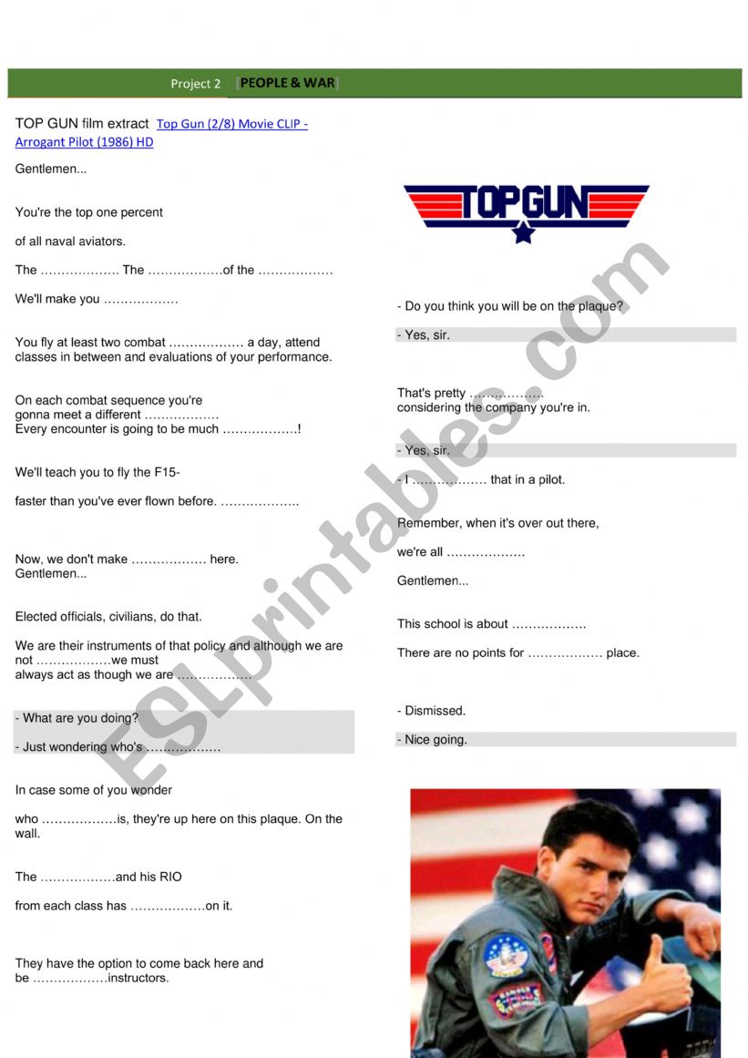Top Gun listening and Grammar worksheet