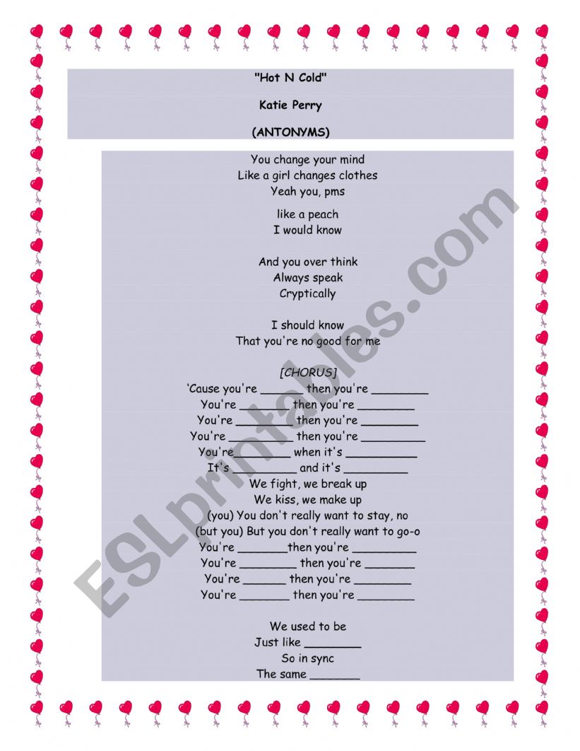 Opposites Hot and Cold worksheet