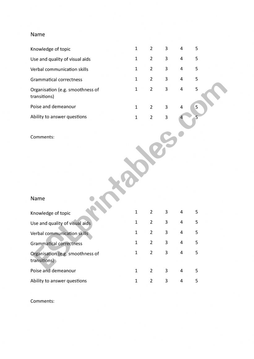 Peer Evaluation worksheet