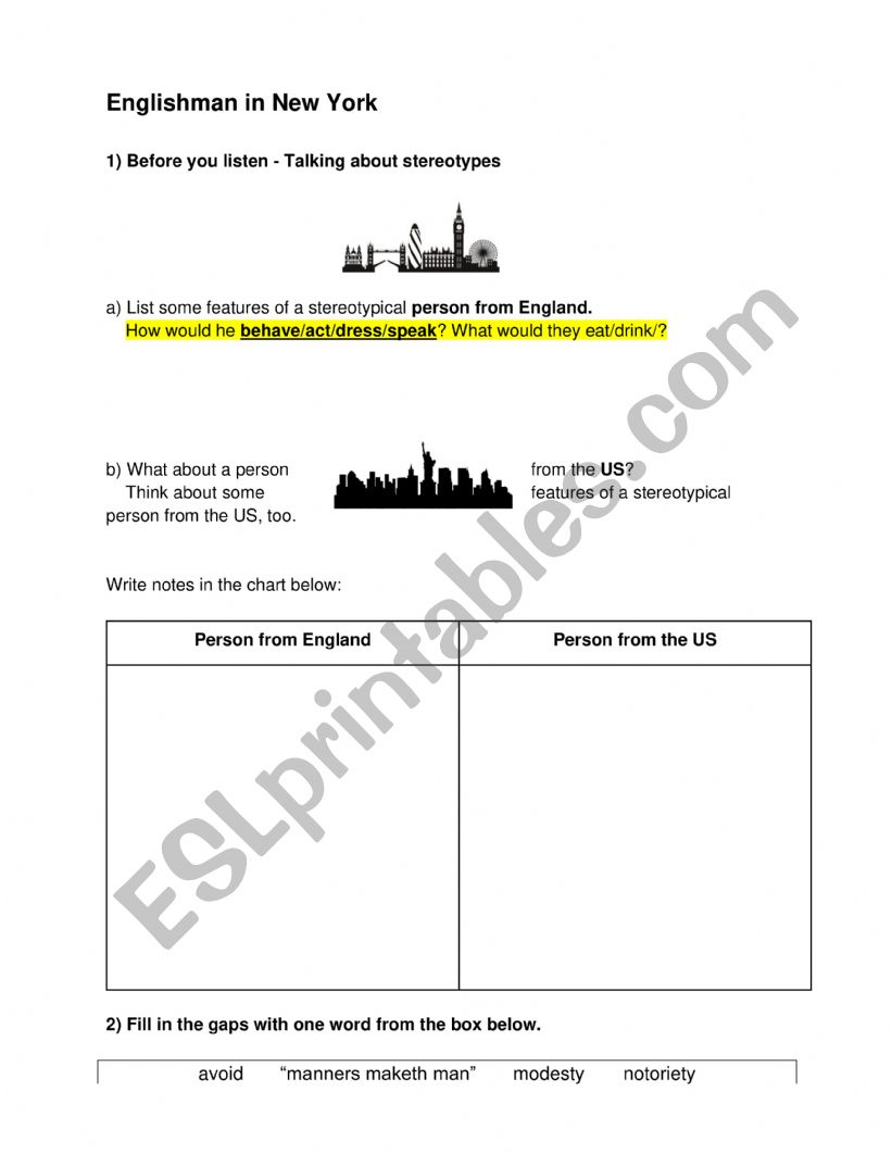 Englishman In NewYork worksheet