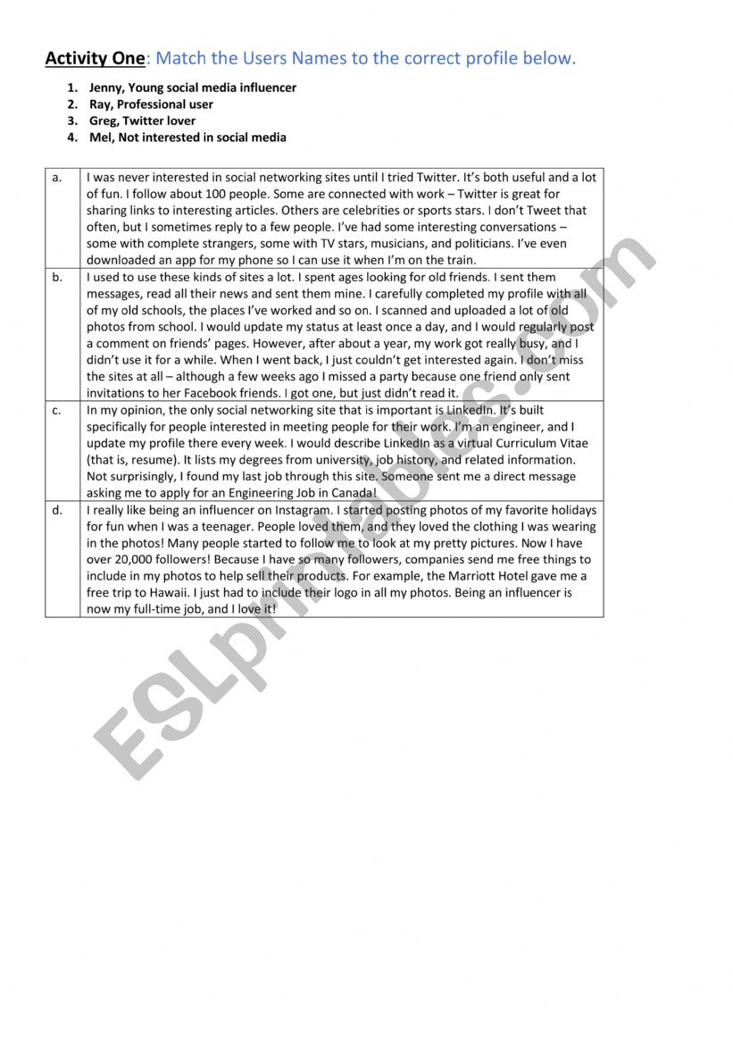 Reading for gist on the subject of social media esl worksheet by ablbrown