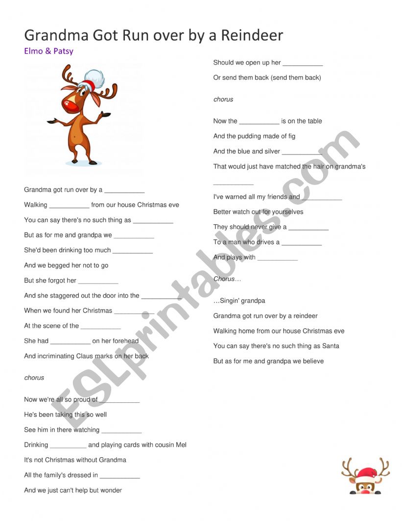 Grandma Got Run Over By a Reindeer song worksheet