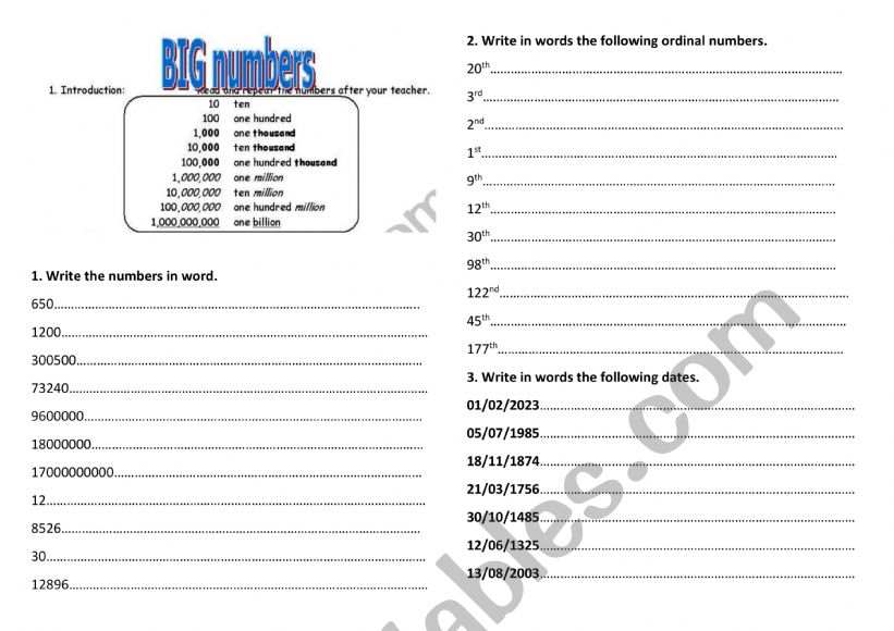 Ordinal and cardinal numbers and dates