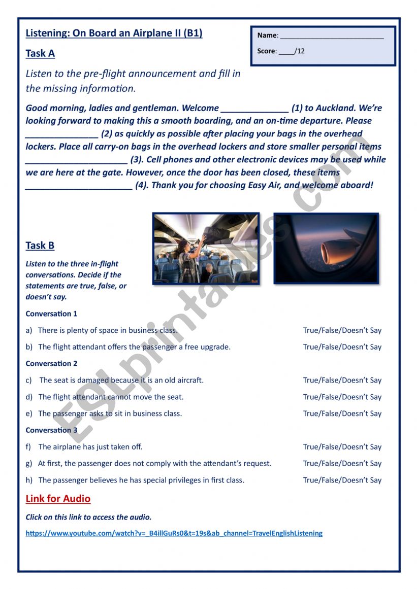 On an Airplane (Listening B1) worksheet