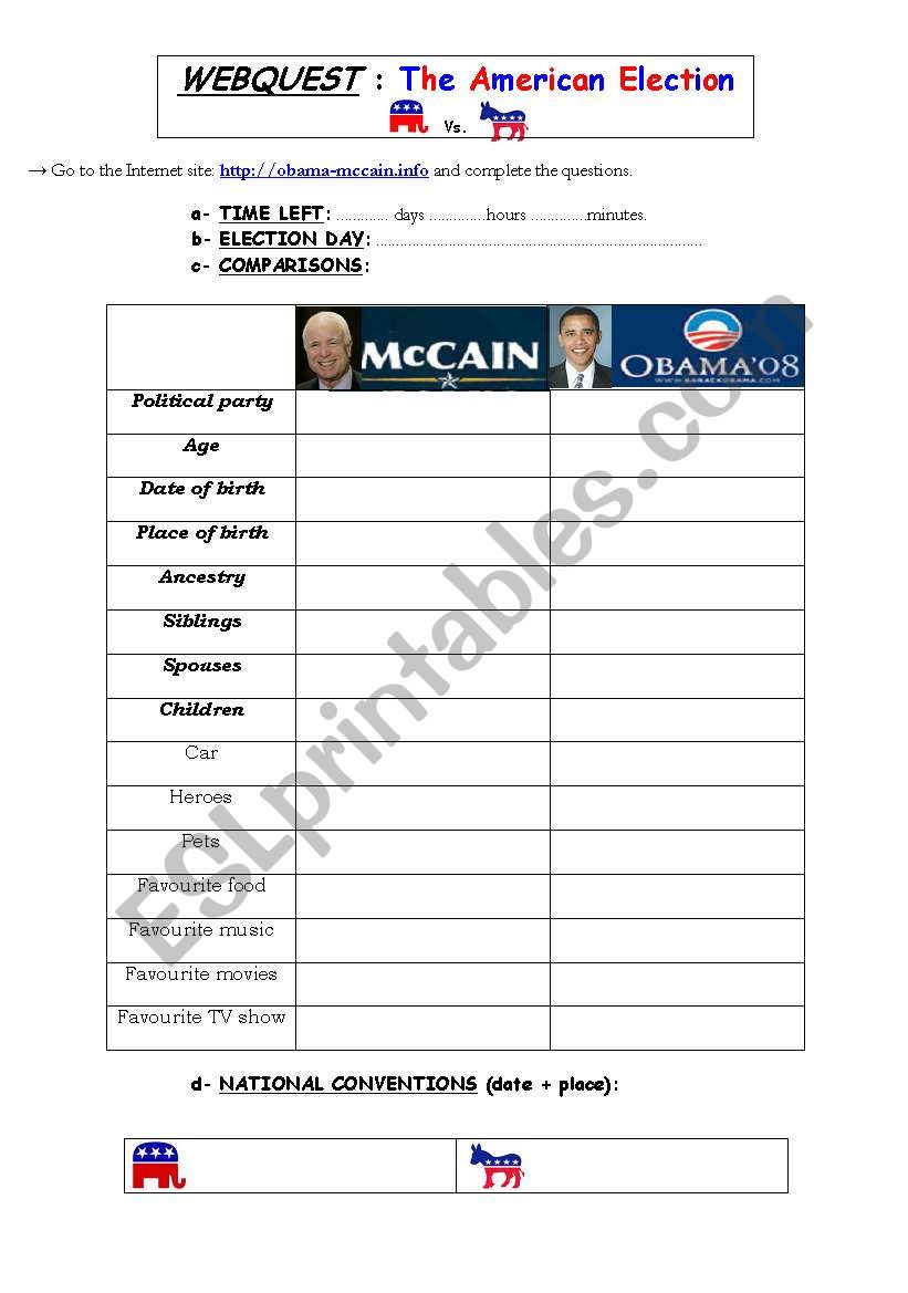 OBAMA - McCAIN WEBQUEST worksheet