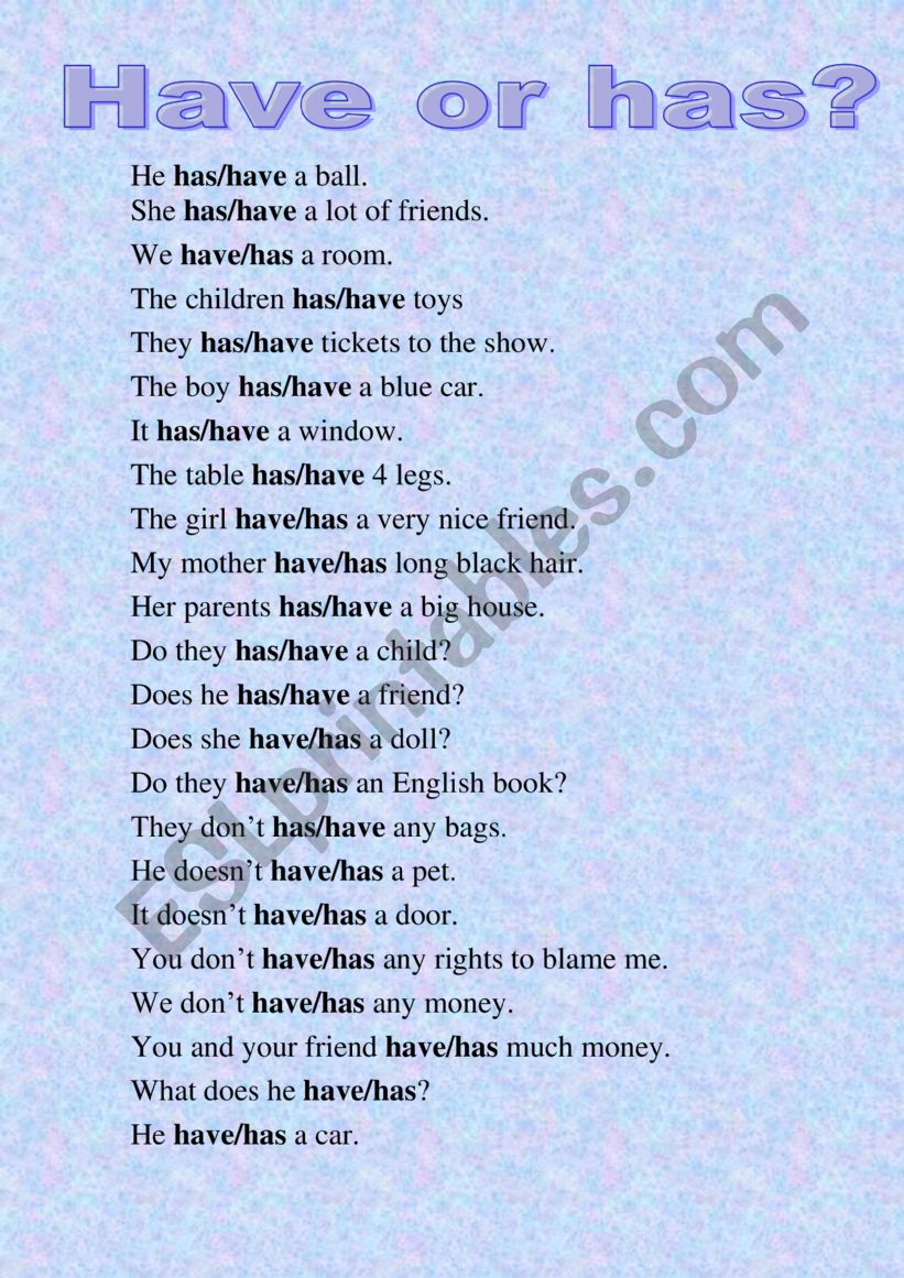 Have and Has worksheet