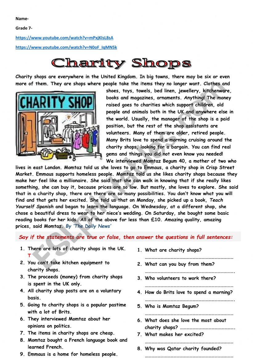 charity shops worksheet