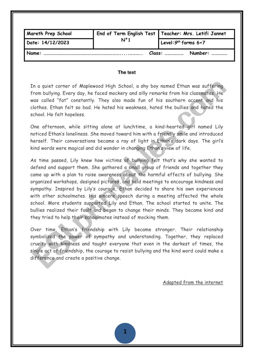 test worksheet