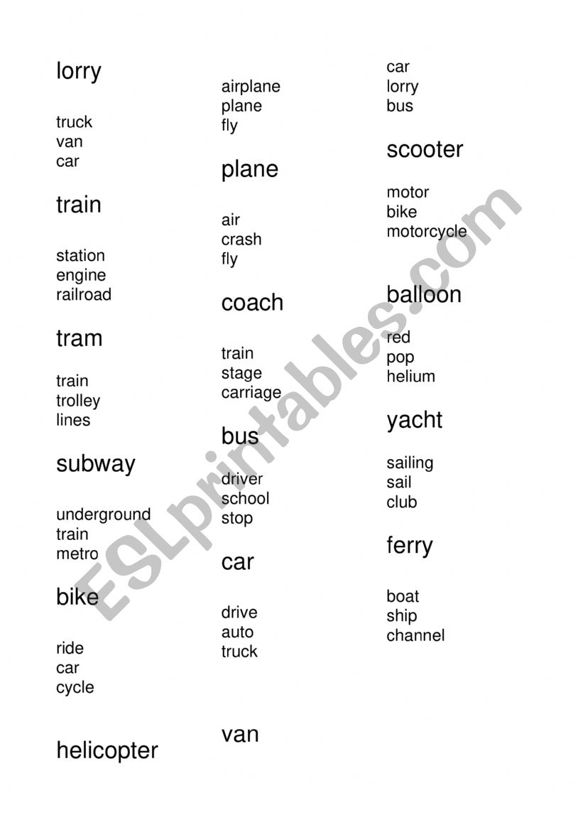 Transport taboo game worksheet