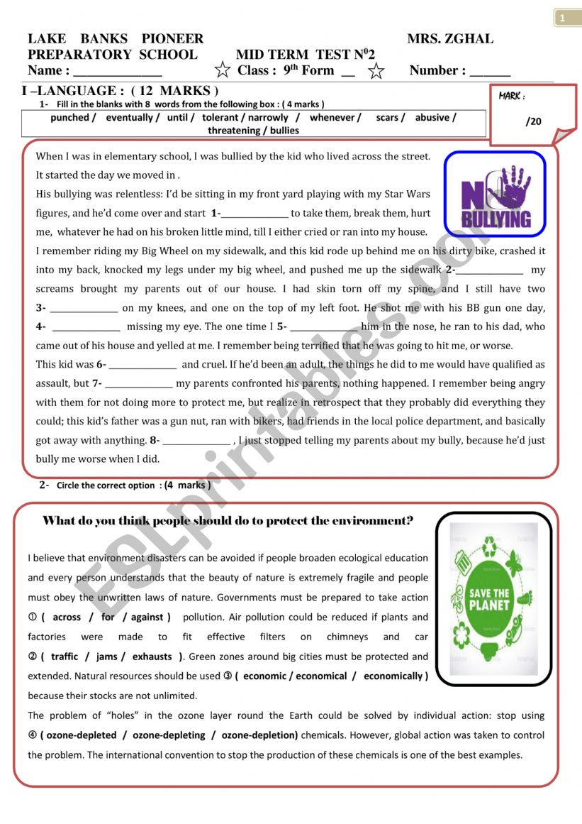 9TH FORM MID TERM TEST 2 PIONEER PREP SCHOOL