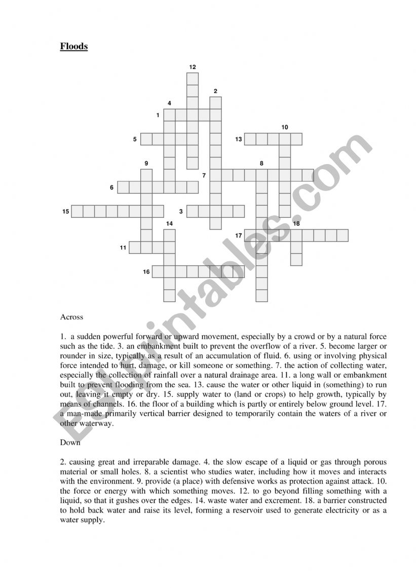 A crossword puzzle (floods) worksheet