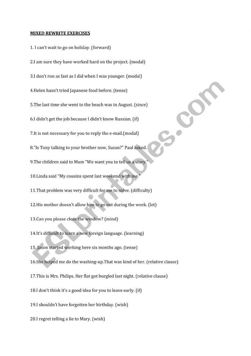 Mixed Rewrite Exercises worksheet