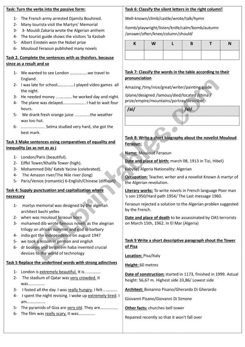 revision tasks worksheet