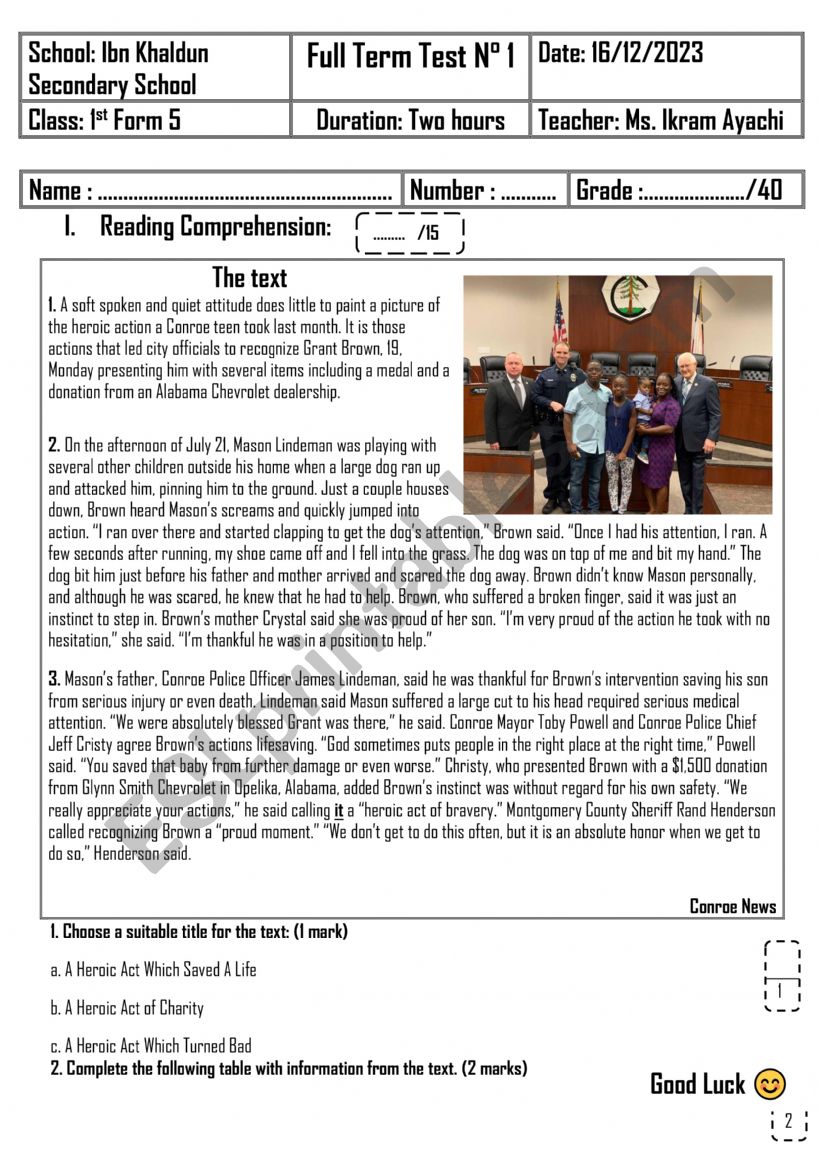 1st Form - Full Term Test 1 worksheet