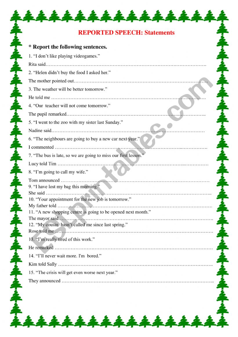 Reported statements worksheet