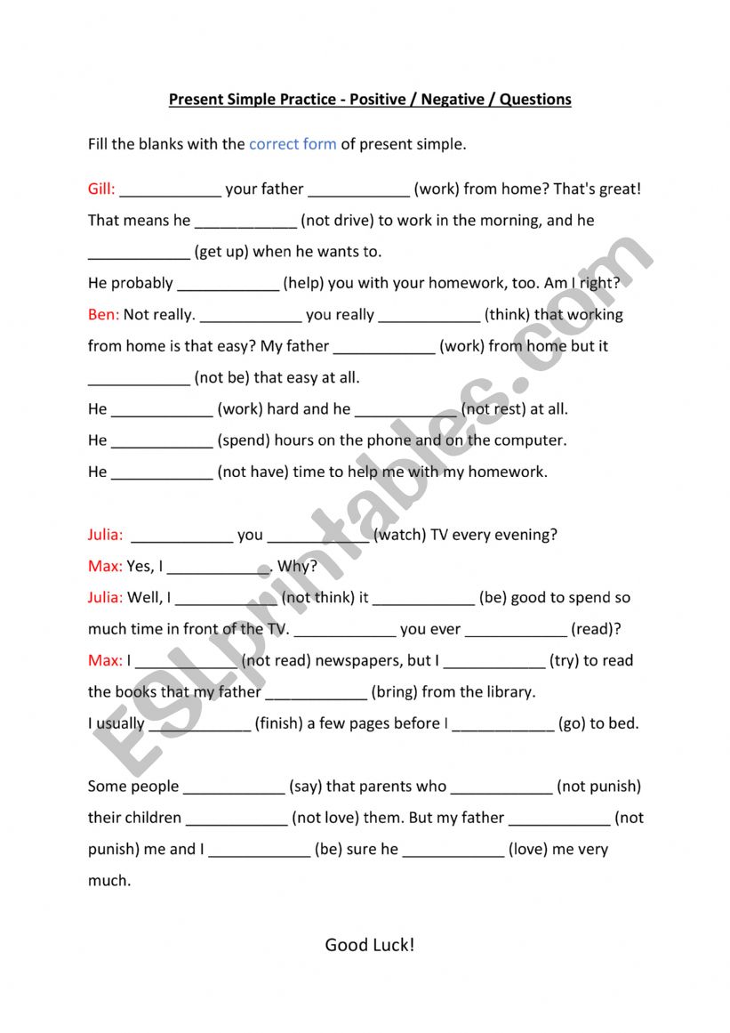 Present Simple Practice - Positive / Negative / Questions