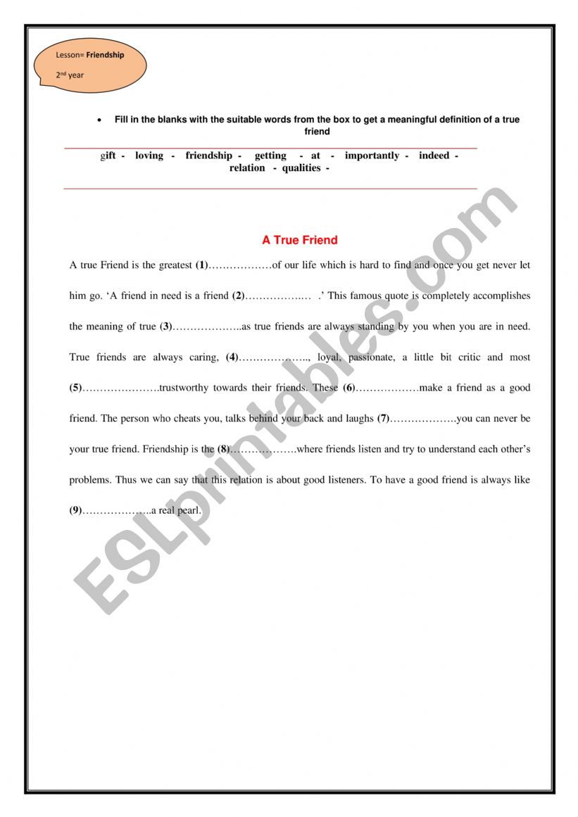A TRUE FRIEND worksheet