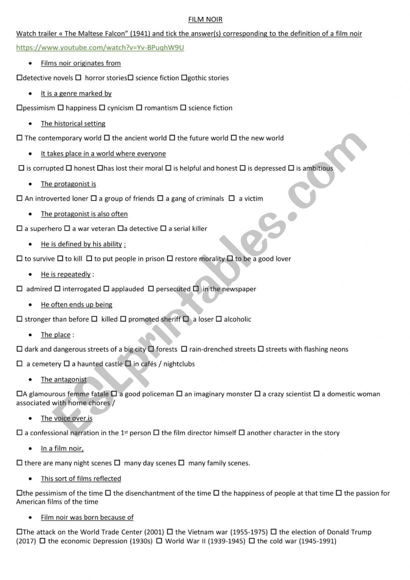 FILM NOIR (definition) worksheet