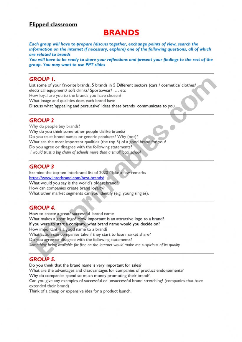 FLIPPED CLASSROOM ON BRANDS worksheet