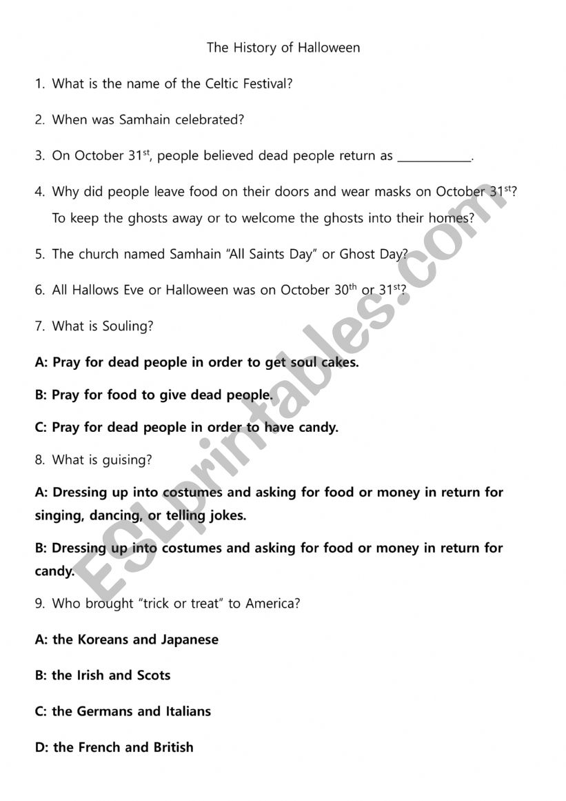 The History of Halloween worksheet