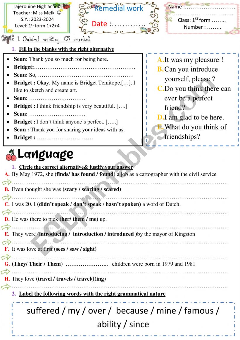 remedial work 1st form worksheet