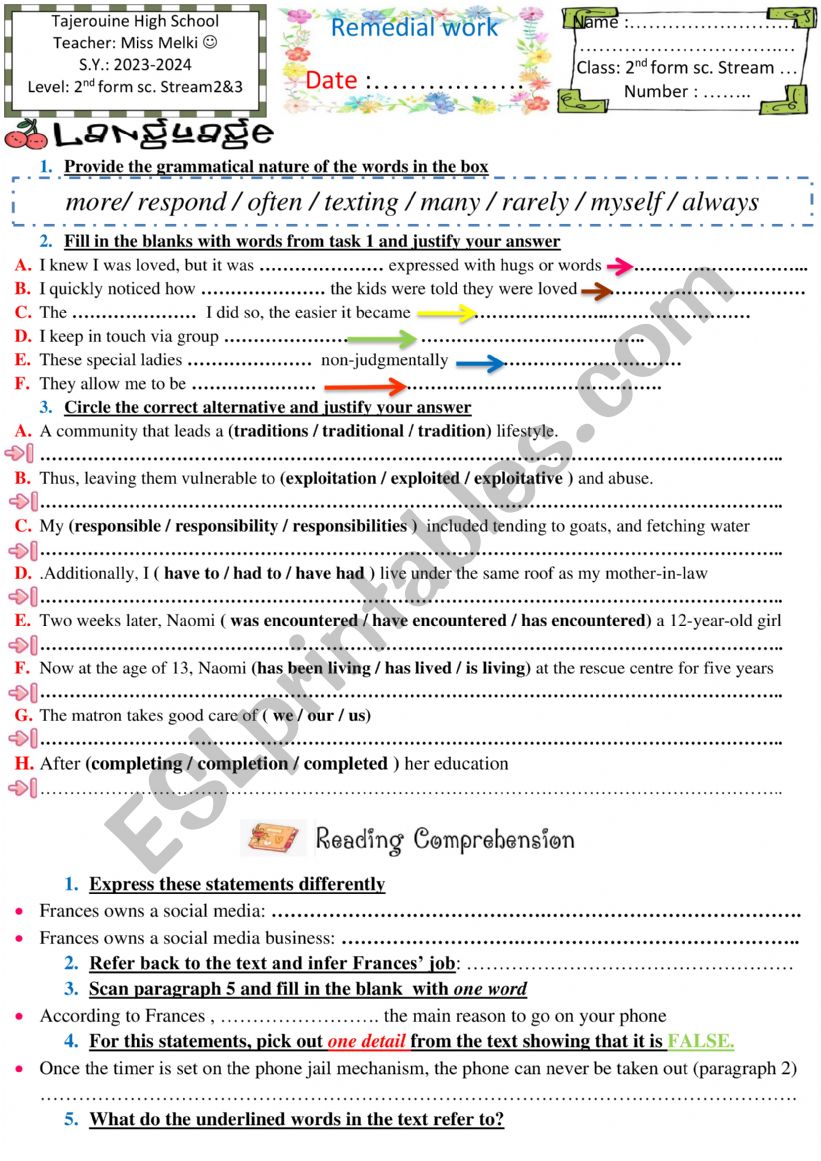 Remedial work 2nf form worksheet