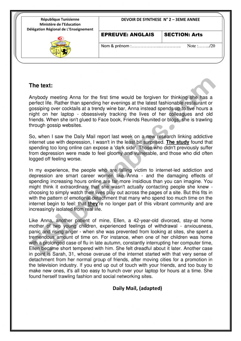 end-of-term test 2  3rd form arts