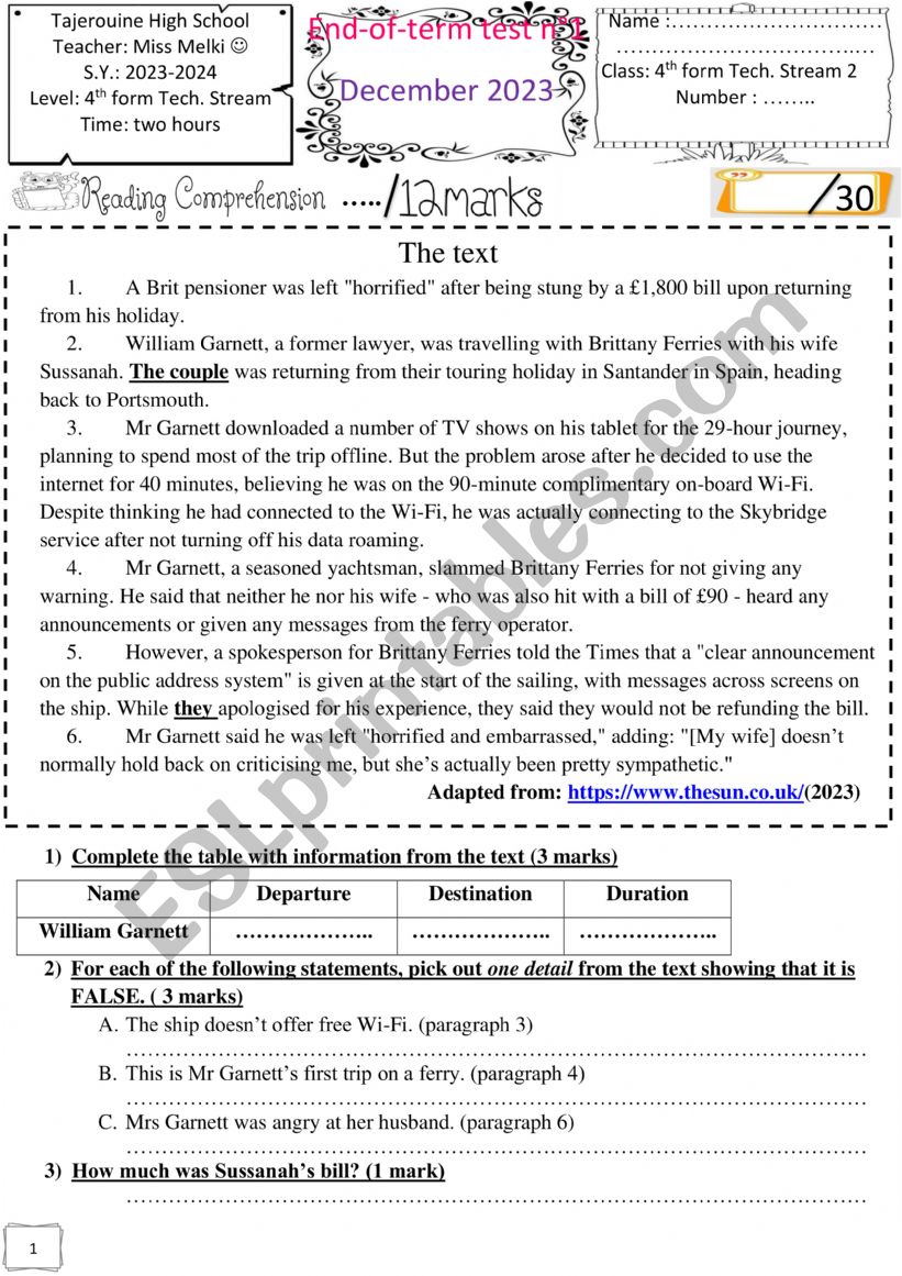 4th form end term test worksheet