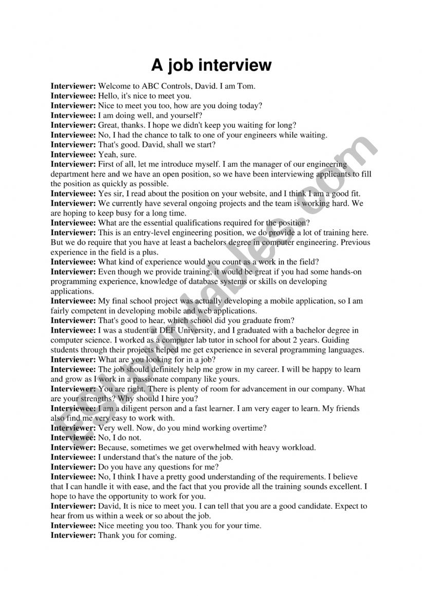 Job interview worksheet