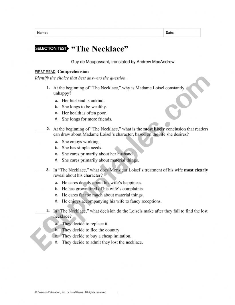 The Necklace  Multiple Choice 