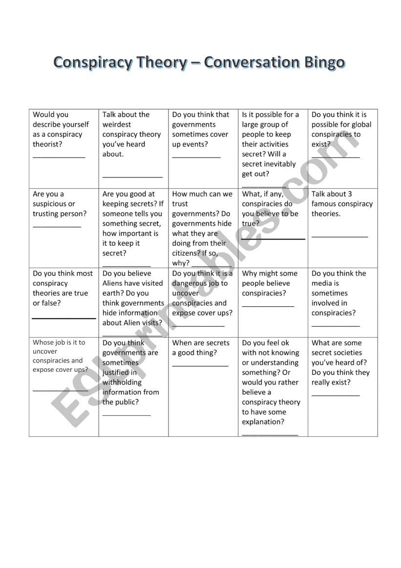 Conspiracy Theeories - Conversation Bingo