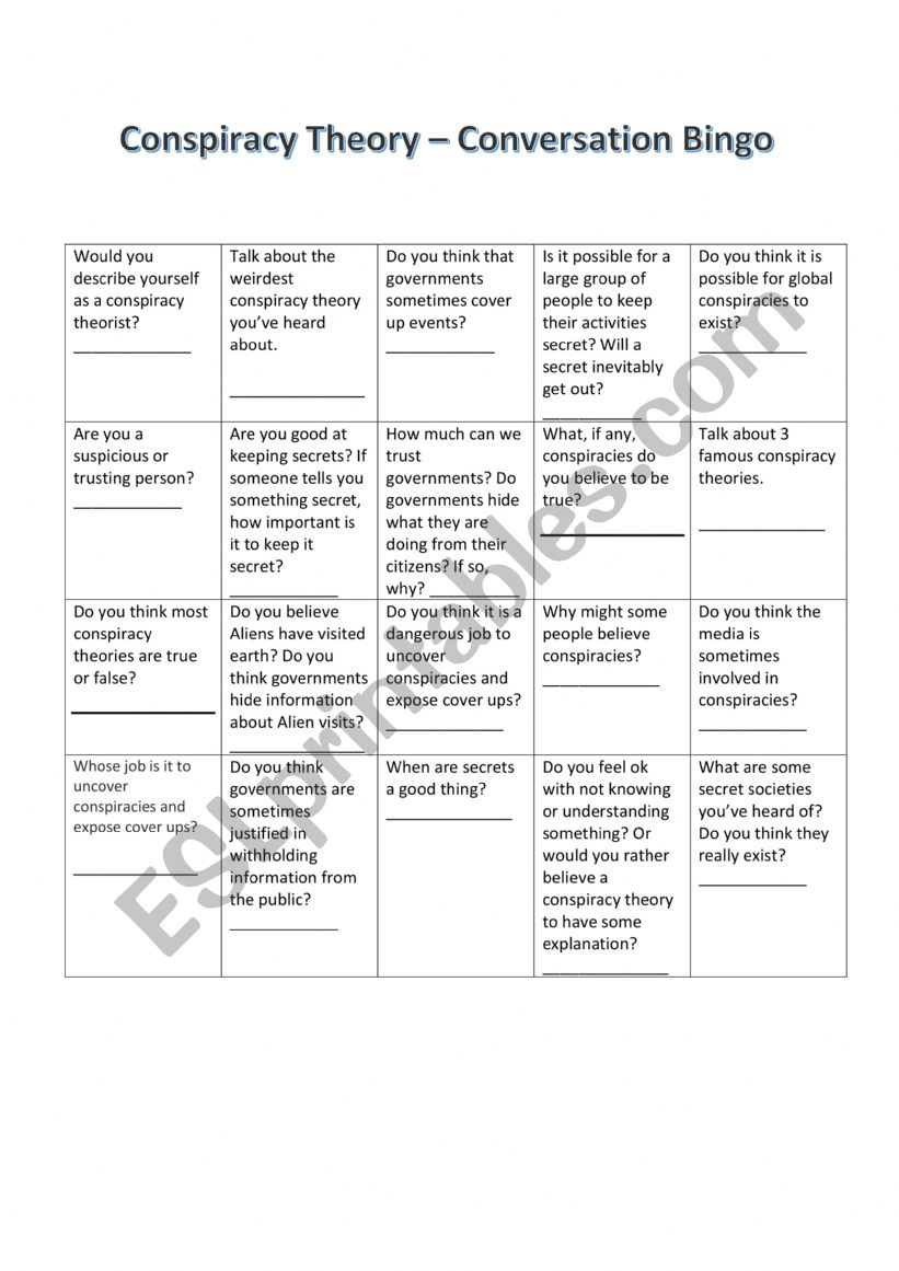 Conspiracy Theeories - Conversation Bingo