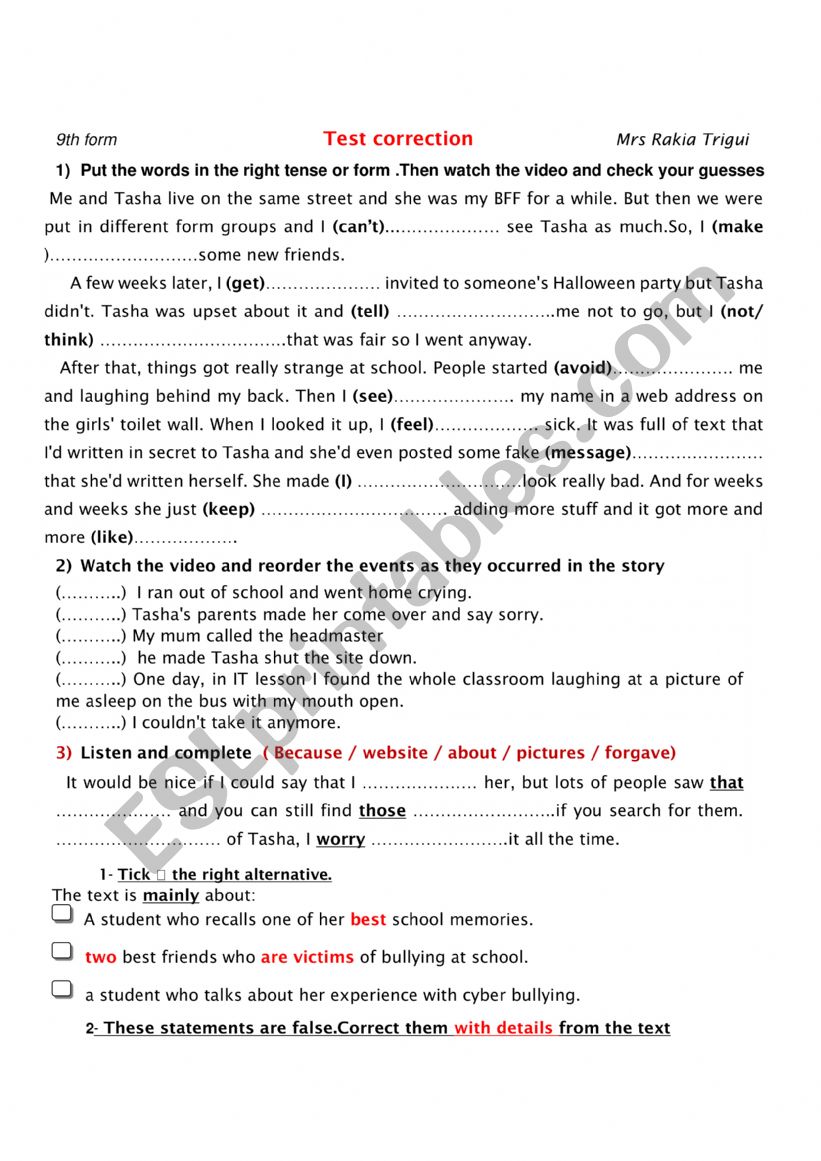 9th form test correction worksheet