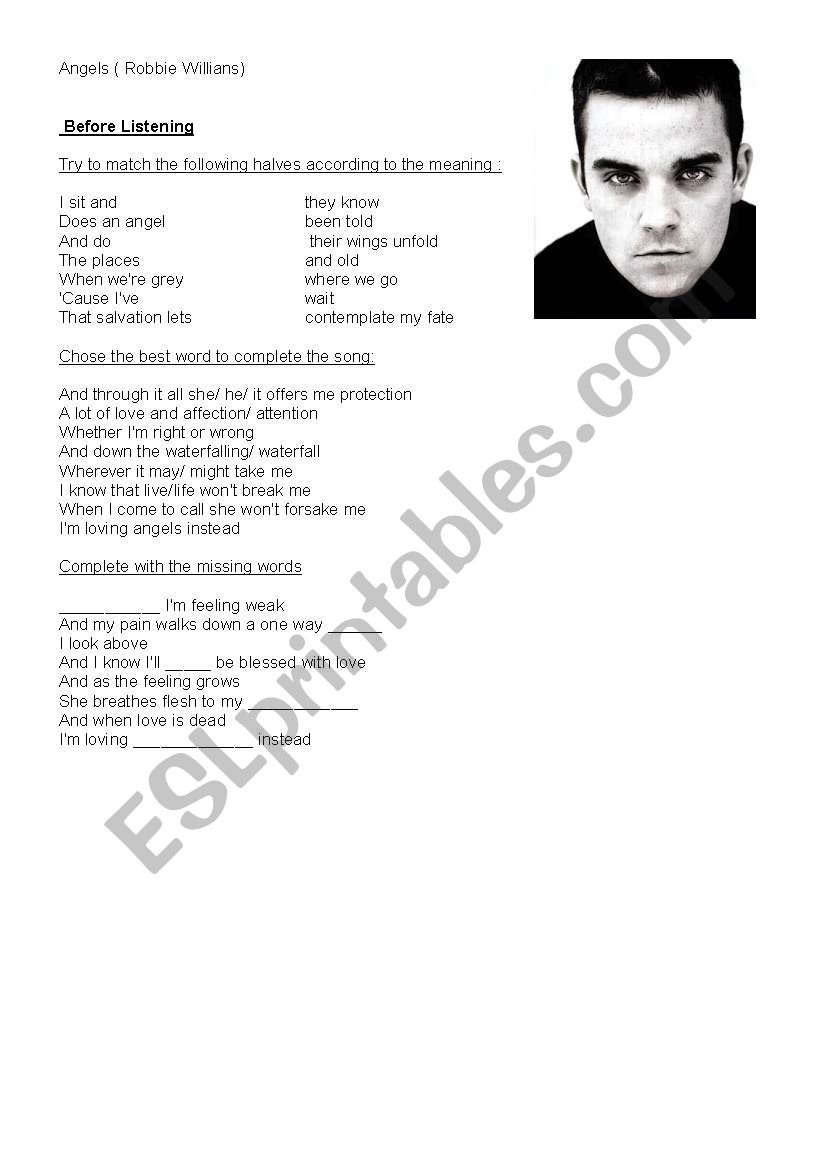 Angels - Lyrics worksheet worksheet