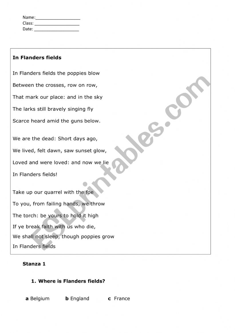 WWI poems test worksheet